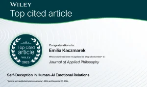 Certyfikat top cited article od Wiley za artykuł, w którym prezentowano wyniki projektu
