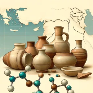 Fragments of ceramic vessels with molecular elements in the foreground, set against a subtle map of the eastern Mediterranean. The fragments are in ea